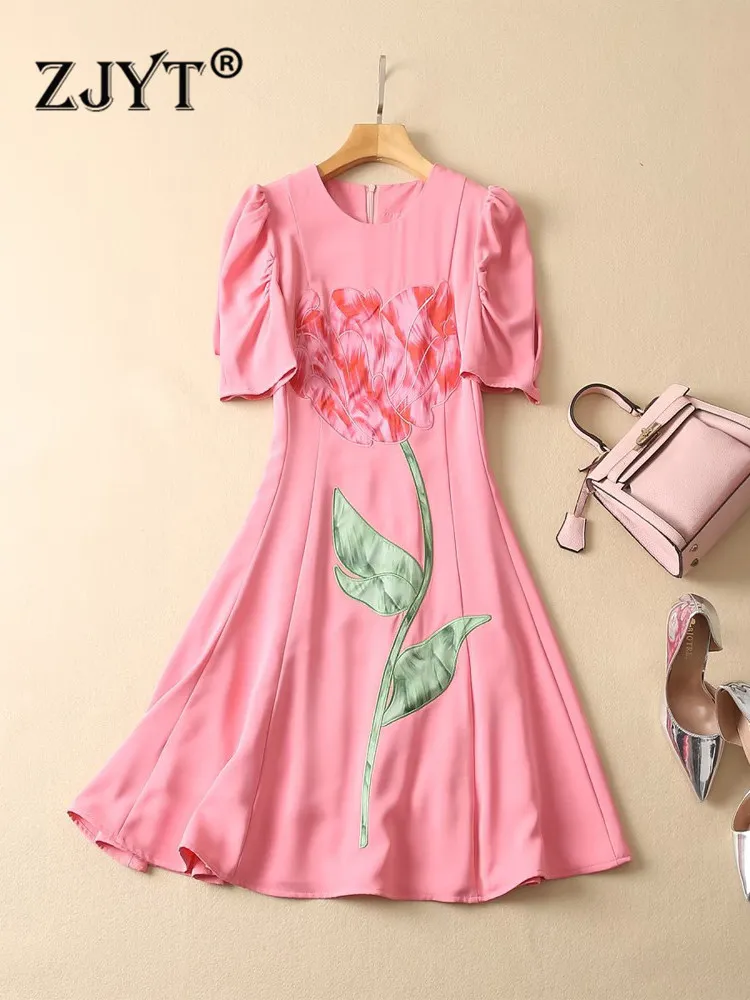 2023 Runway Fashion Spring Summer Dress Flower Flower Alegant Holiday Party Vestidos Women Puff Sleeve Mini Robe Femme