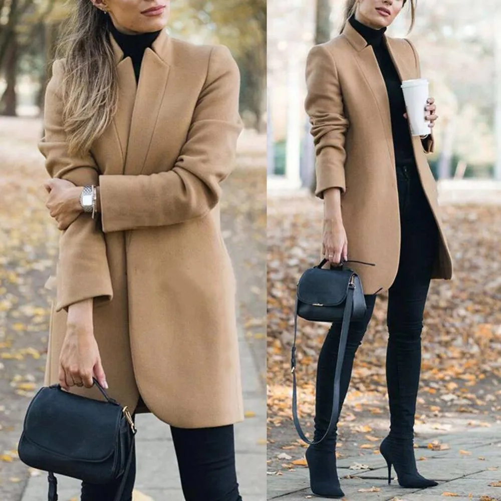 Kvinnors ullblandningar Drop Office Lady Autumn Solid Color Stand Collar Woolen Long Coat Plus Size Cardigan 221123