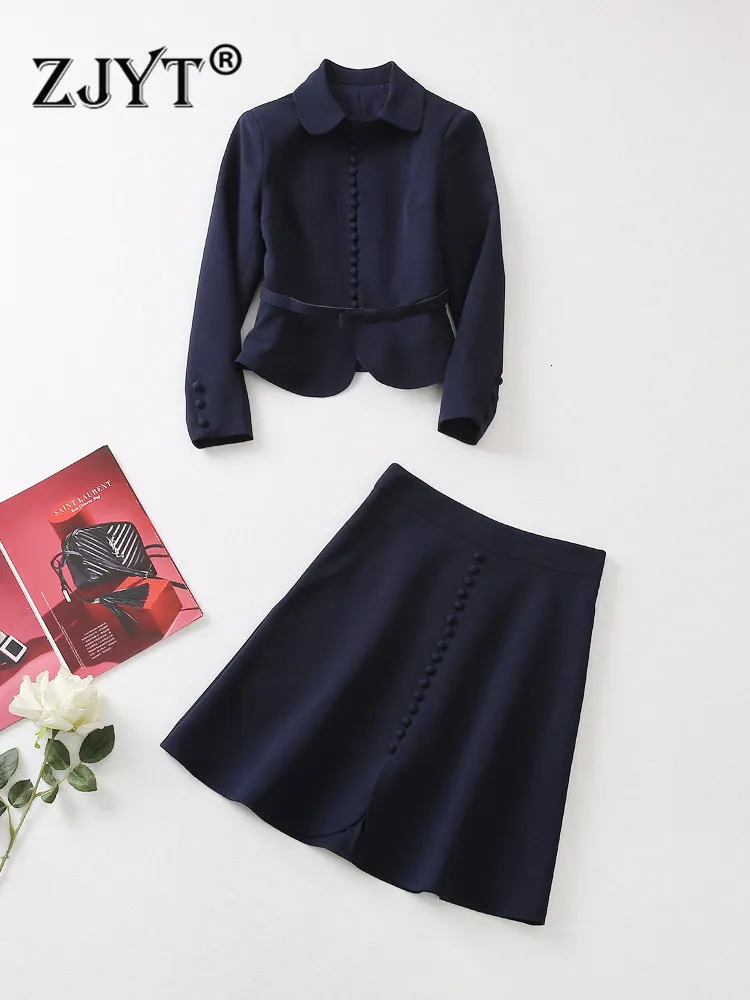 Vestido de dos piezas ZJYT Diseñador de pasarela Trajes de chaqueta azul oscuro con falda 2 Trajes de mujer Ropa de trabajo de oficina Conjuntos de fiesta de dama elegante 221122