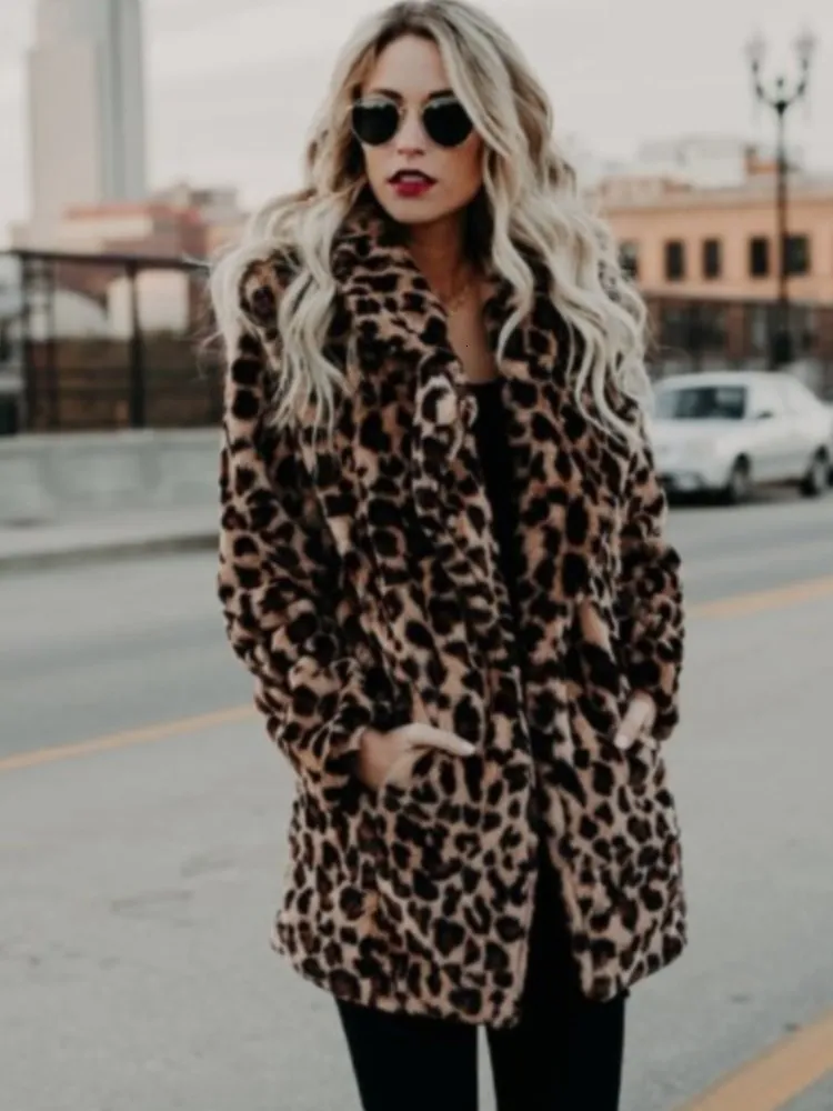 Mulheres femininas falsas mulheres casacos de inverno vintage fêmea de leopardo solto quente rua casual lady animal impressão grossa