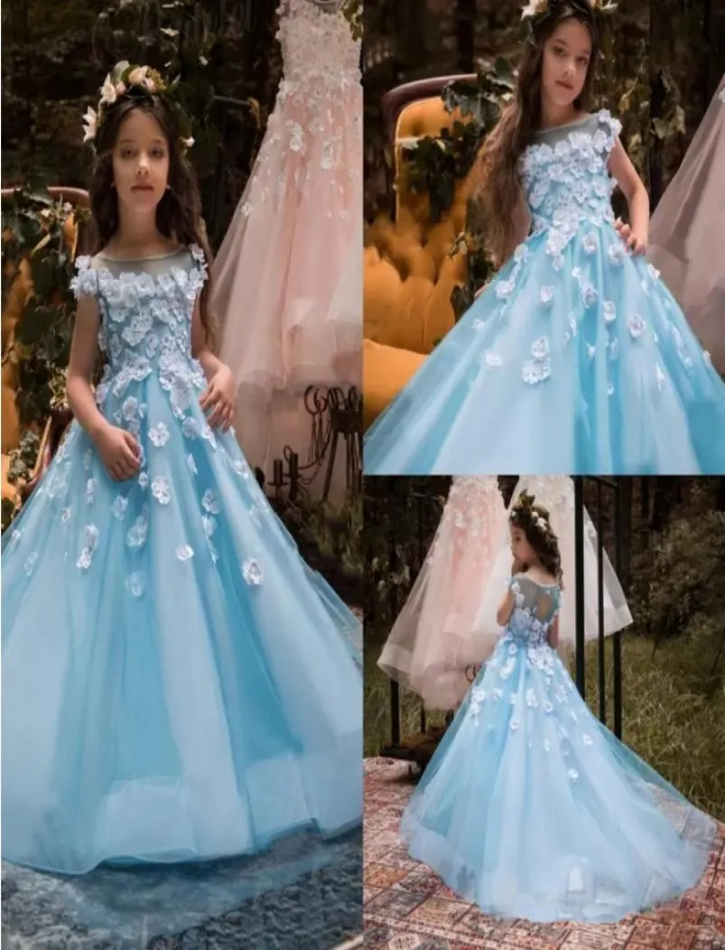 Прекрасная принцесса светло -голубые цветочные девушки платья 3d цветочные аппликационные рукава маленькие детские праздничные платье для вечеринки