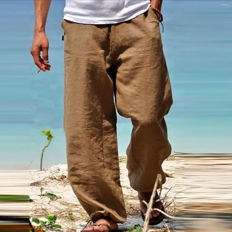 Pantaloni da uomo in lino naturale per uomo contemporaneo casual confortevole qualità morbida tasca pantaloni in puro colore uomo all'aperto