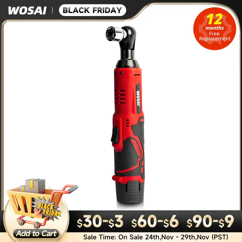 WOSAI 45NM Clé électrique sans fil 12V 3/8 Jeu de cliquet Perceuse d'angle Tournevis pour enlever l'écrou de vis Outil de réparation de voiture 221122