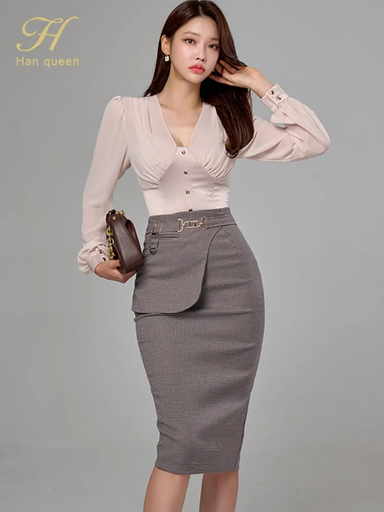 Zweiteiliges Kleid H Han Queen Frauen Herbst Beruf 2 Stück Set V-Ausschnitt Blusen Vintage Mittelkalb Bleistiftrock Koreanischer einfacher Freizeitanzug 221122