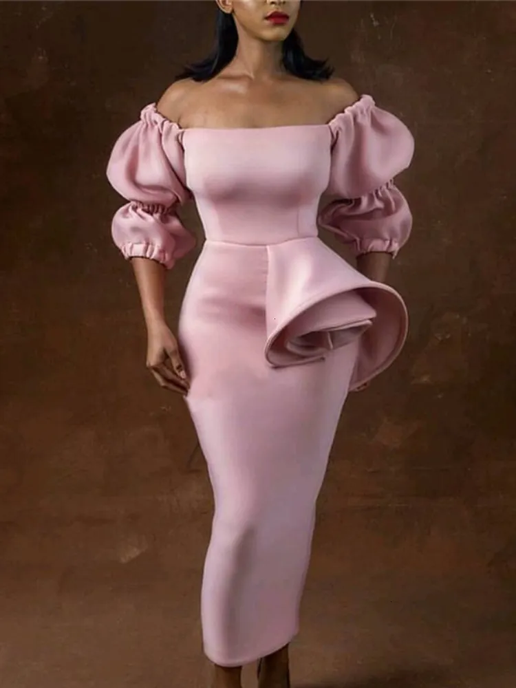 Sukienki imprezowe Kobiety na ramię różowy rękaw z latarnią midi elegancka pochwa Wielka rozmiar Świętuj obiad