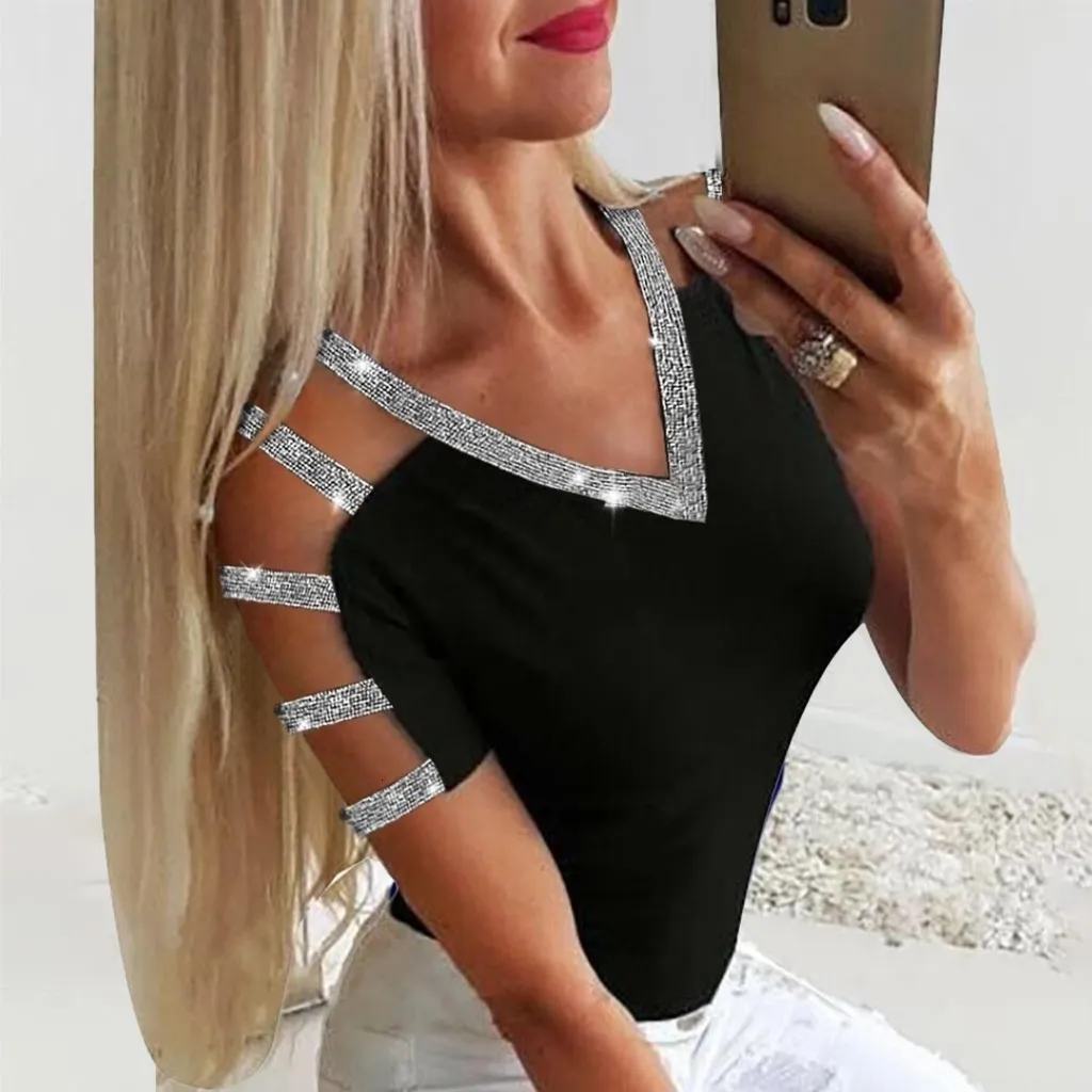 Женские комбинезоны снимают женские блески блузки v Neck Sexy Hollow Out Blouses Summer Fashion Relat