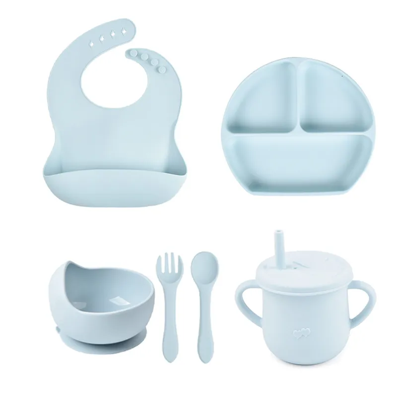 컵 요리기구 6pcsset 베이비 실리콘 테이블웨어 컵 그릇 Platetray Bibs Spoon Sets 어린이 비 슬립 먹이 BPA 무료 식기 저녁 식사 221122