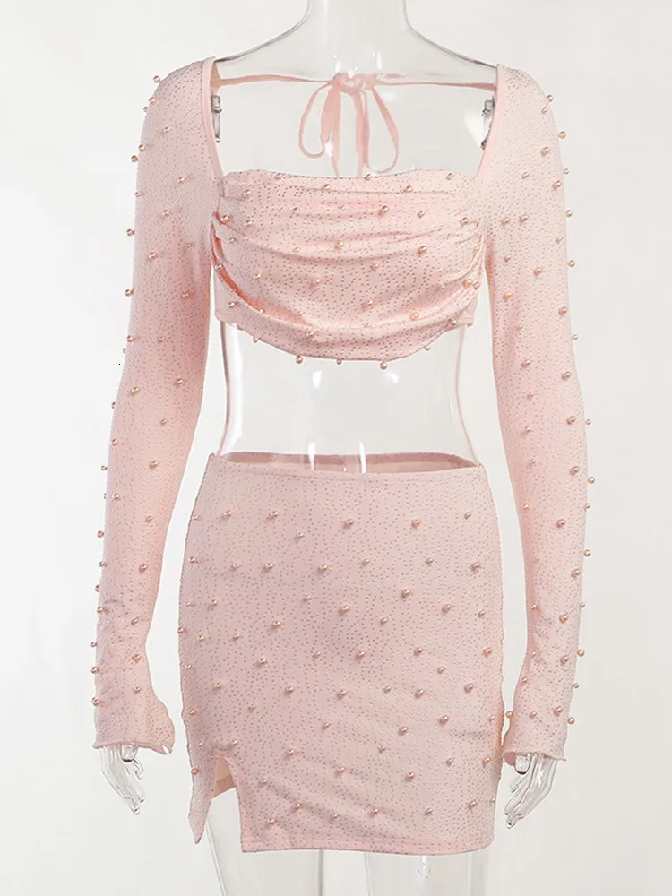Viifaa Beaded Two Piece Dress Urbanic Set Long Sleeve Crop Top And Mini Skirt For Women Sexy