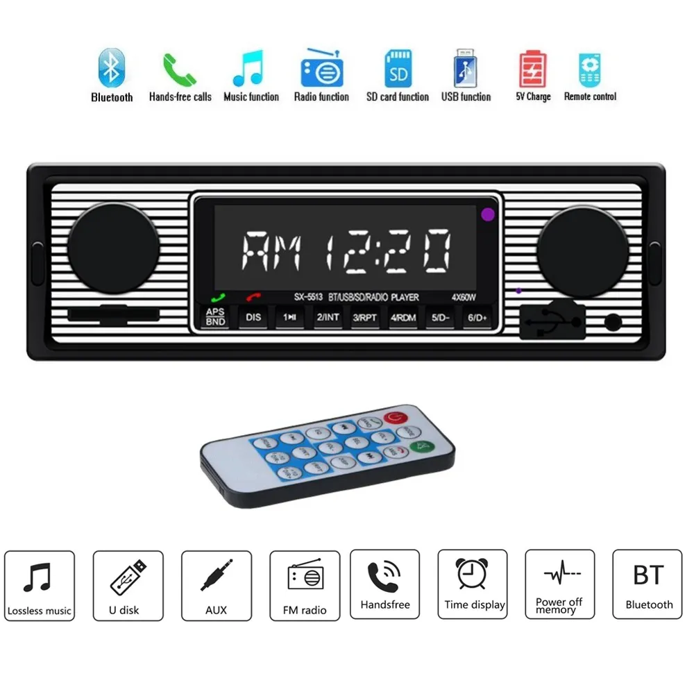 Bluetooth Car Rádio Vintage Dual Mp3 Player FM Tuner Estéreo USB AUX Classic Car Retro Audio Receptor Acessórios do alto -falante