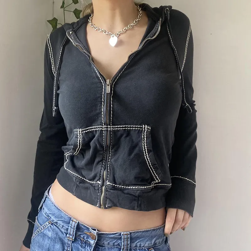 Women's Jackets Xingqing Sewing Thread Coat 2000s Aesthetic Women Long Sleeve Crop Tops with Pockets y2k Grunge Zipper Hooded Jacket Streetwear 221122