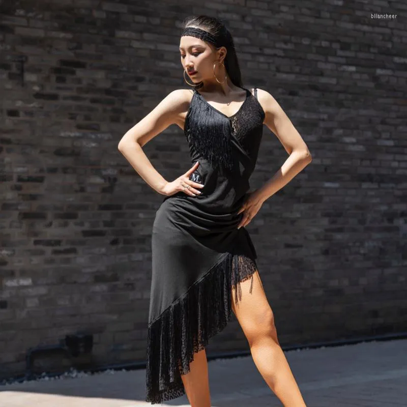 Stage Wear Latin Dance Dresses For Women Black Lace Fringed Dresss Competition Party Tango Costume Practice Clothes DNV14170