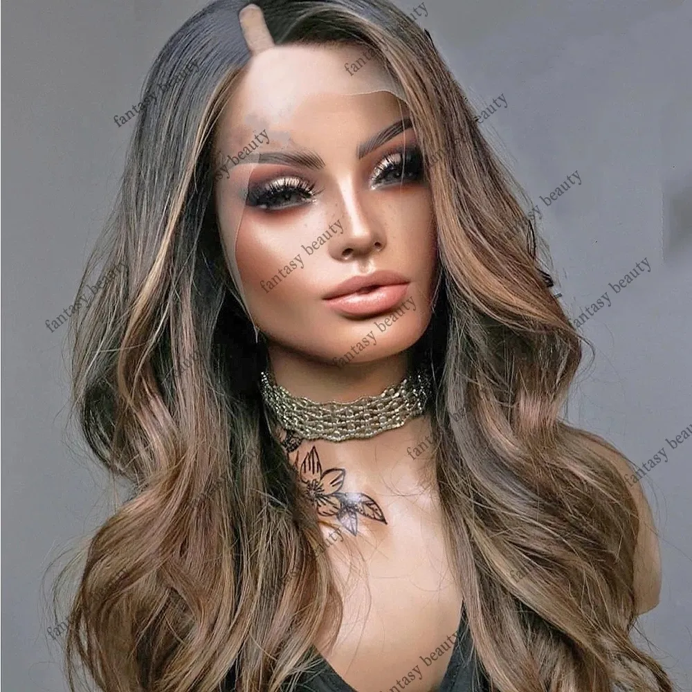 Highlight Ash Brown V Part Wigs Glueless Loose Wavy Human Hair 250Density U Parts Wig Virigin Remy Full Machine Made Half Wigs