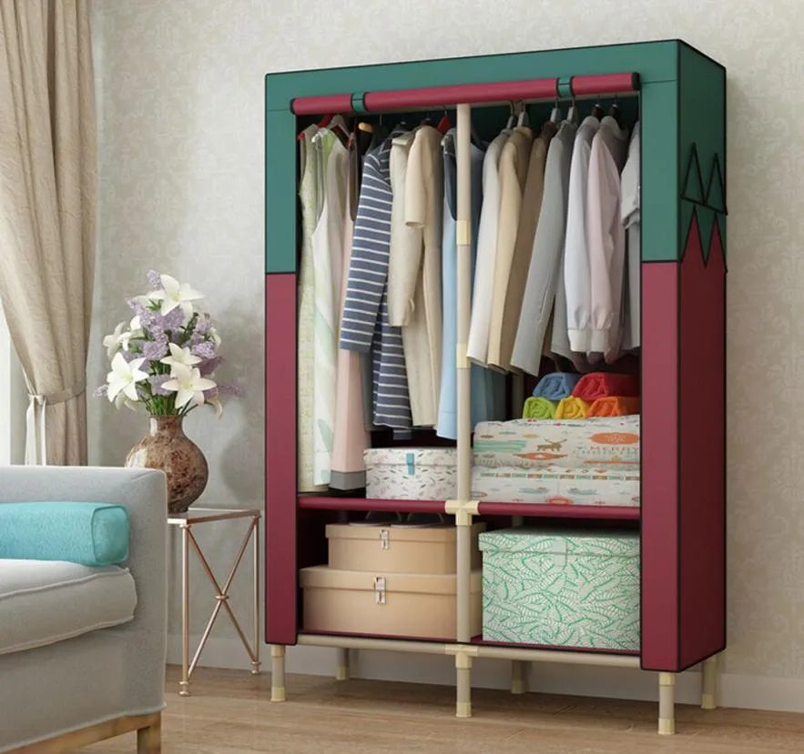 Draagbare kast garderobe kledingrek slaapkamer meubels opslag organizer met plank dubbel verhoogde stevige kledingkoker armoire