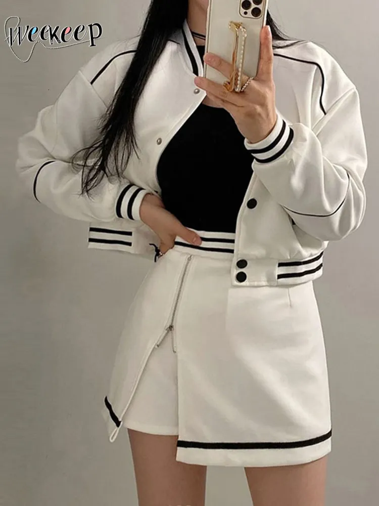 Duas peças vestido semanaeep moda coreana saia define botão acima jaqueta de beisebol e elástico cintura alta mini mulheres outfits streetwear 221123