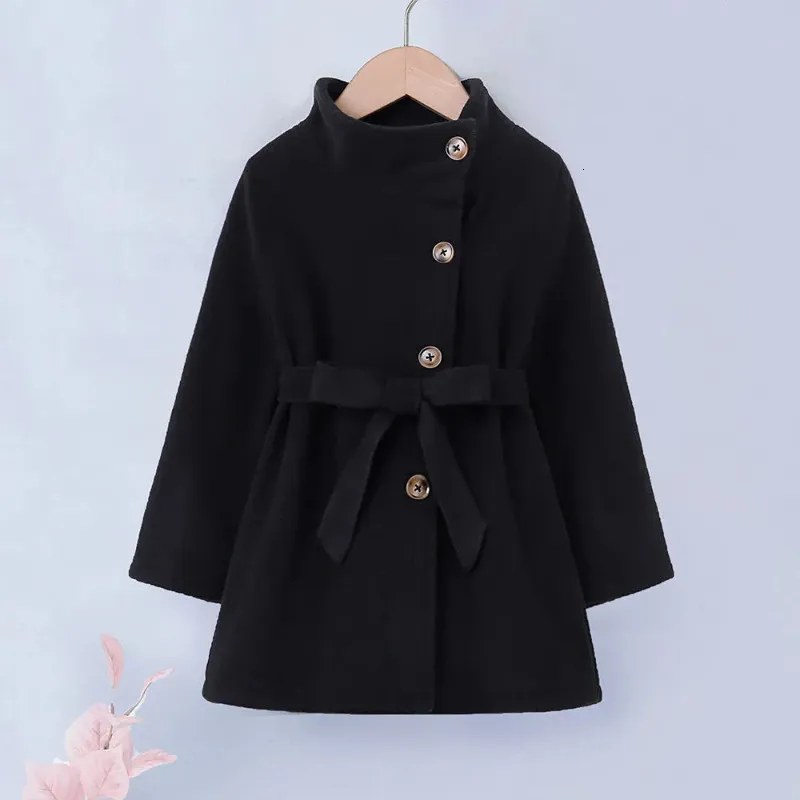 Coat Girls Jackets Spring Fall Winter Clothing Single breasted Kids Plus Velvet Thick Woolen Pure Black Belted Overcoat 221122