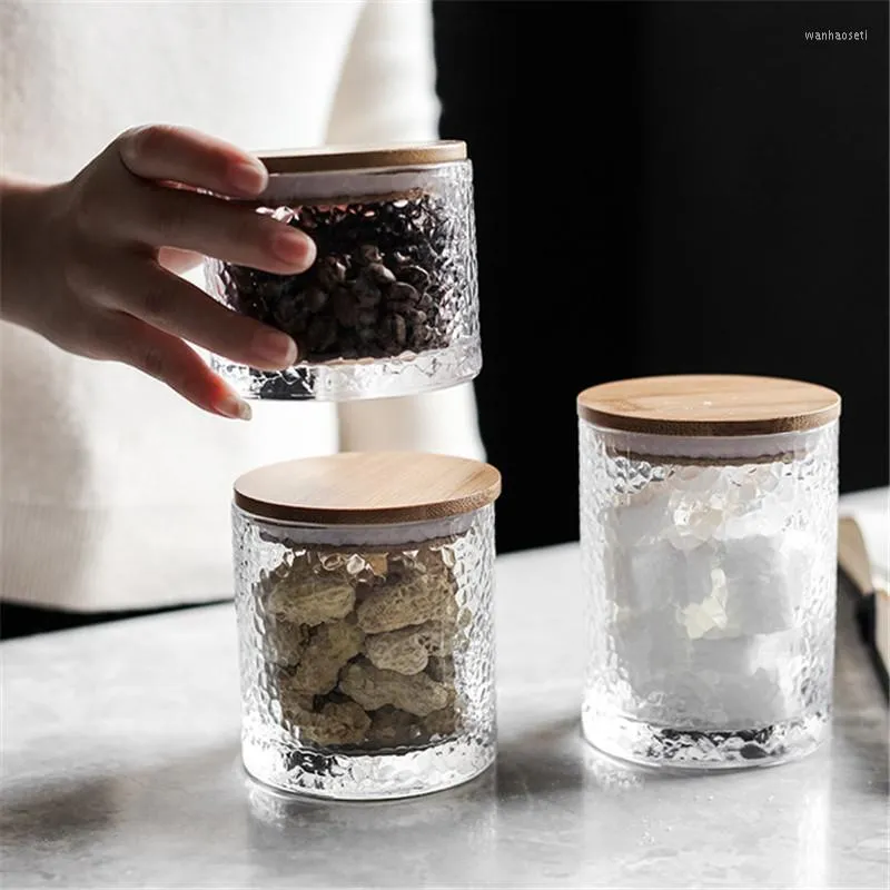 Storage Bottles Japanese Hammer Pattern Glass Sealed Spice Jars With Bamboo Lid Transparent Snack Coffee Bean Tank Kitchen Sugar Bottle