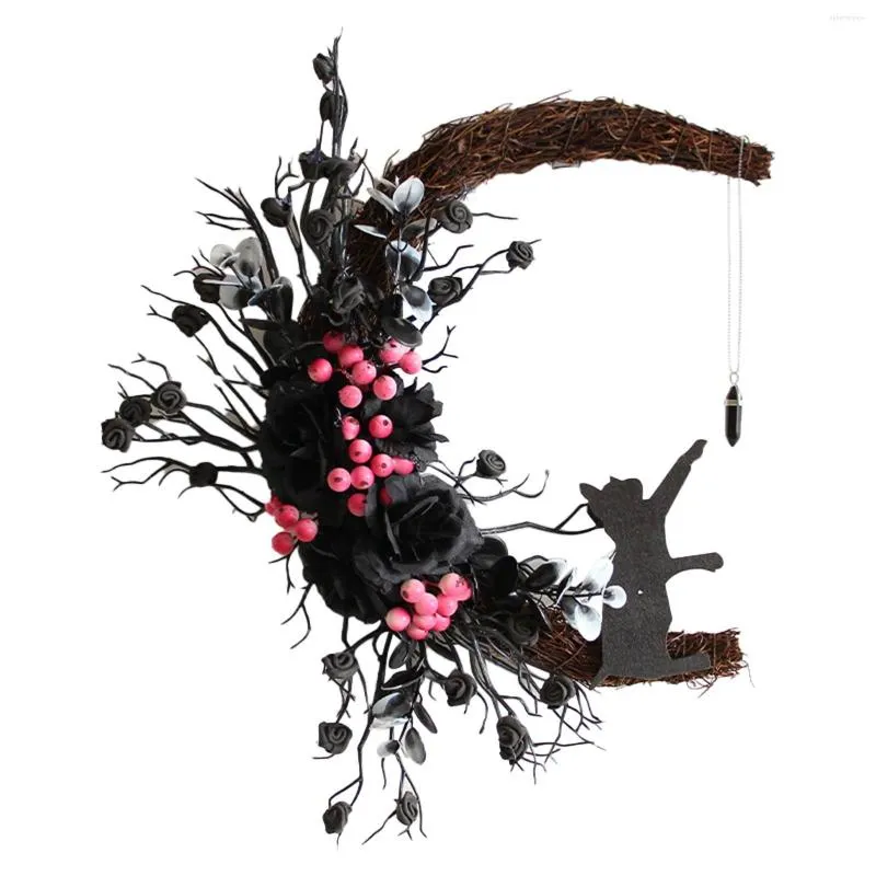 장식용 꽃 할로윈 달 고양이 화환이 장미 검은 장식 화환 정문 장식
