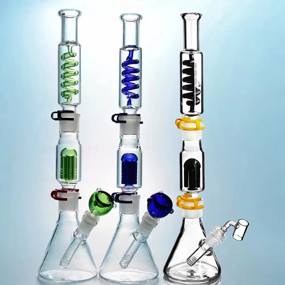 16.2inch Hoge Glazen Bongs 3 Stuks Verwijderbare Beaker Bubbler met Arm Tree Perc Freezable Helix Coil Waterpijp met 18 mm Joint Spiral Dab Rig Accessoire