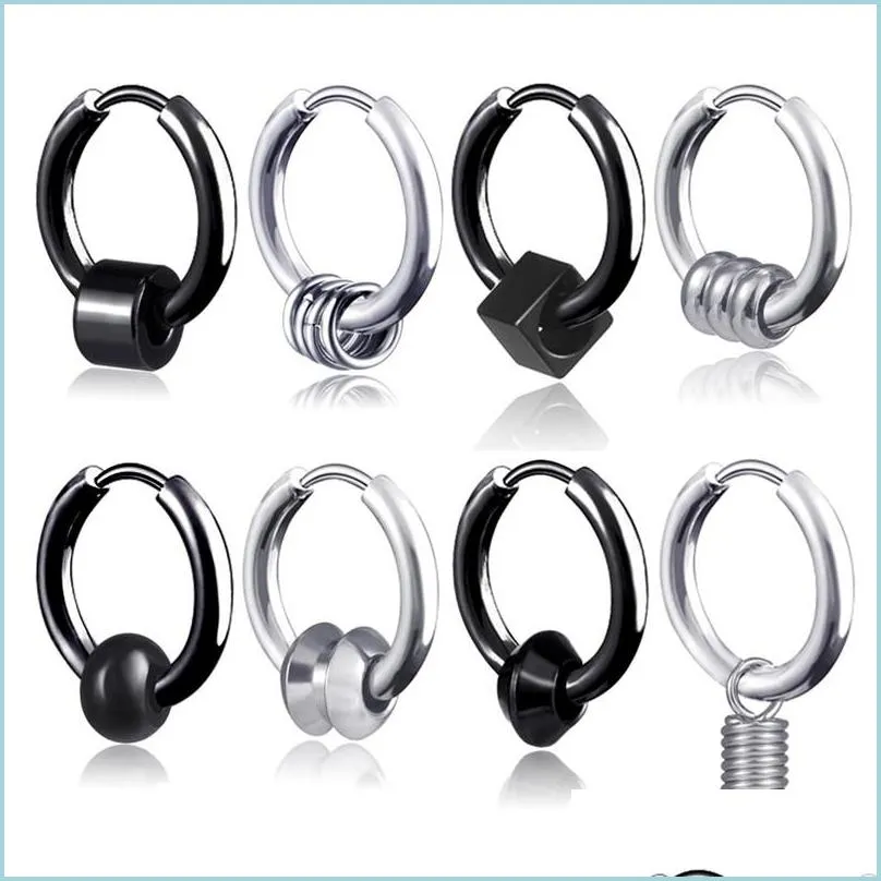 Hoop Huggie Clip On Stainless Steel Hoop Earrings Ring Spring Black Women Mens Ear Rings Hip Hop Fashion Jewelry Gift Drop Delivery Dhy6D