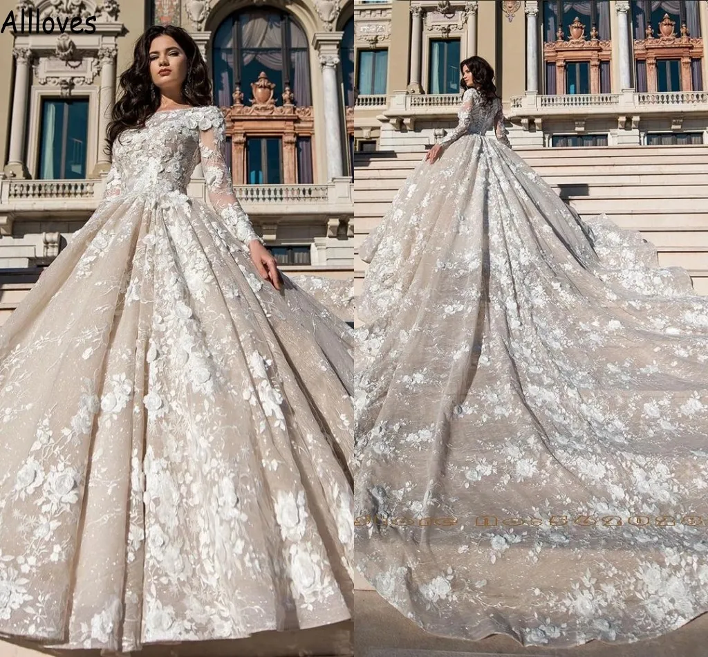 فستان زفاف رائع ثلاثي الأبعاد مزين بالدانتيل للأميرة وأكمام طويلة بطانة عارية من Vestidos De Novia فستان حفلات العروس الثانية AL9902