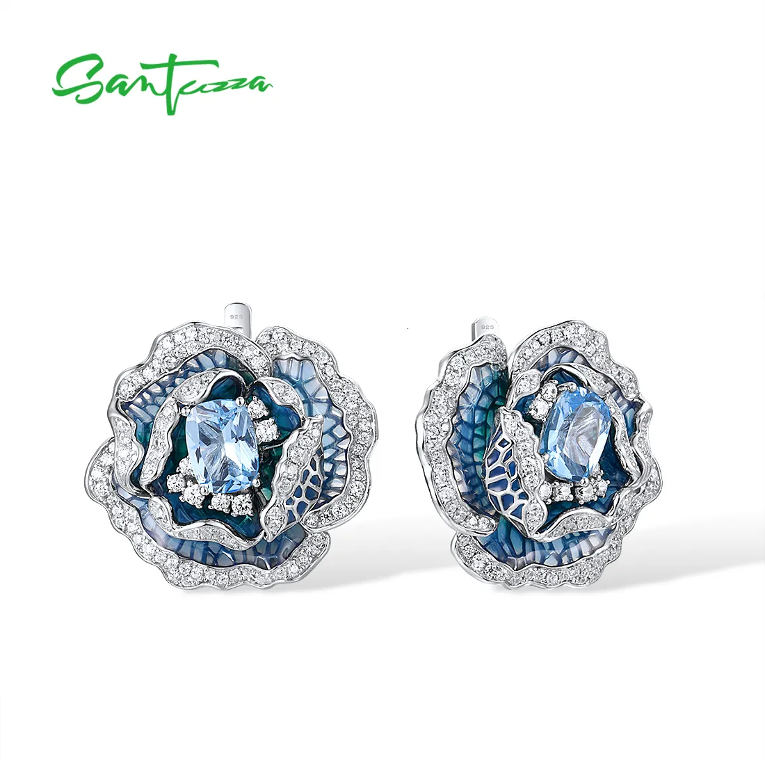 Stud Santuzza 925 Sterling Silver Brincos para Mulheres Azul Spinel Branco CZ Blooming Flor Elegante Festa Fine Jewelry Handmade Esmalte 221119