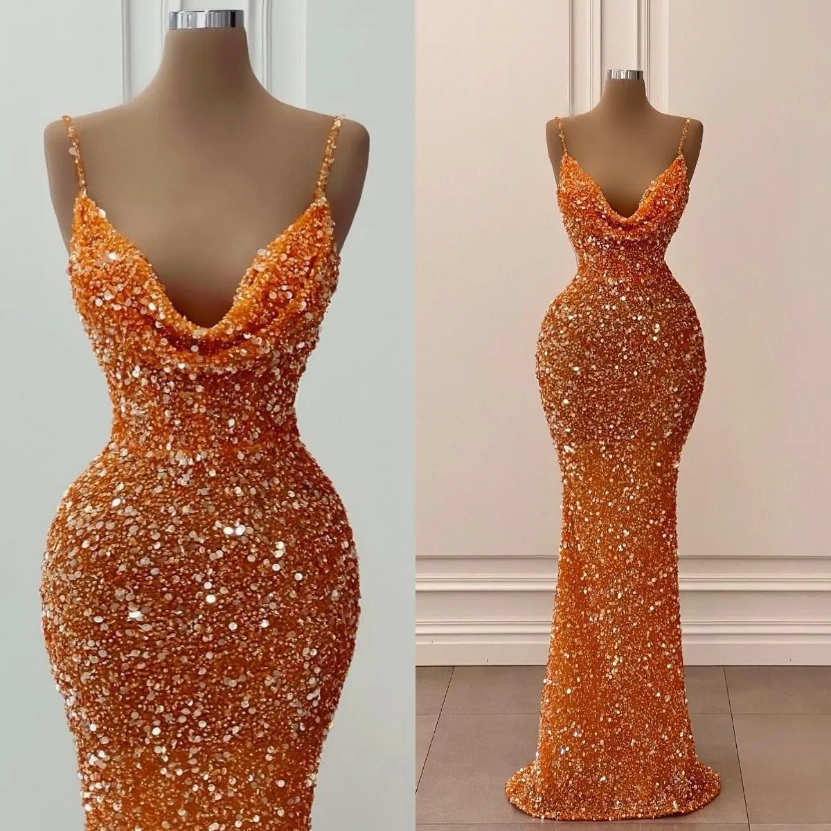 2023 Orange Mermaid Evening Dreess Sparkly Squins Sleeveless Spaghetti Straps 디자이너 Ruched Custom Made Spormal Exeration Arabic Prom Gown restidos