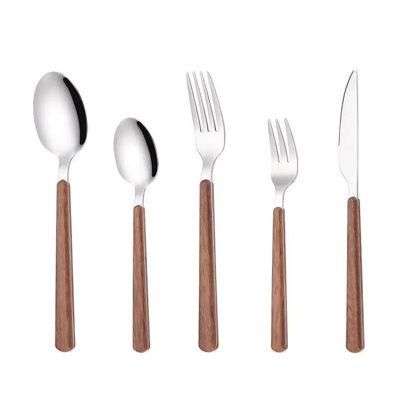 Manche en plastique couteau, fourchette et cuillère en acier inoxydable cuillère à café couverts avec manche imitation grain de bois