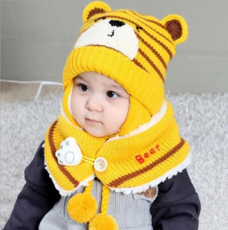 Mützen, Hüte, Winter, Baby, Jungen, Mädchen, warm, Cartoon-Bär, Strickmützen mit Haarball, Ohrhörer, Halstuch, 2-teiliges Set für 0–2T Kleinkind-Kopfschmuck 221122