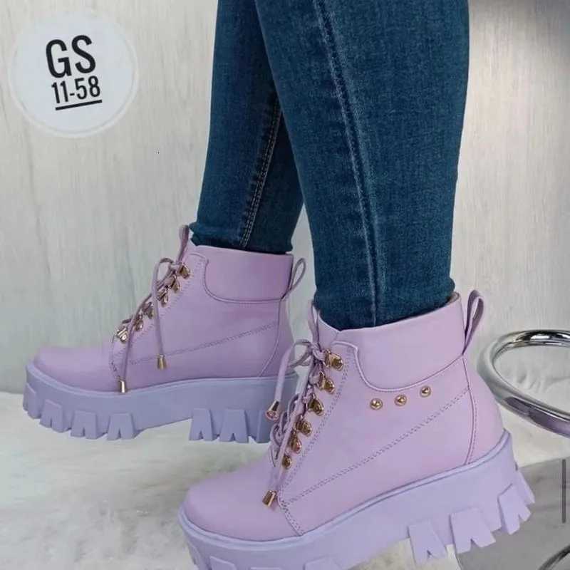 Boots vinter ankel mode lila plattform chelsea skor avslappnad snörning varma punknitar mysiga rock kvinnor strid botas 221123
