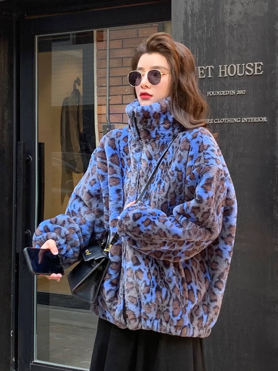 Women's Fur Faux Winter Korean version loose warm lamb hair plus size short coat female leopard fur plush 221123