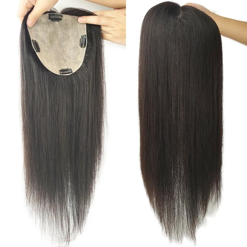 Venta al por mayor de fábrica Base de piel Cabello humano Topper con 4 clips en seda Top Virgin European Hair Toupee para mujeres Postizo fino 12X13 cm 5x5 pulgadas