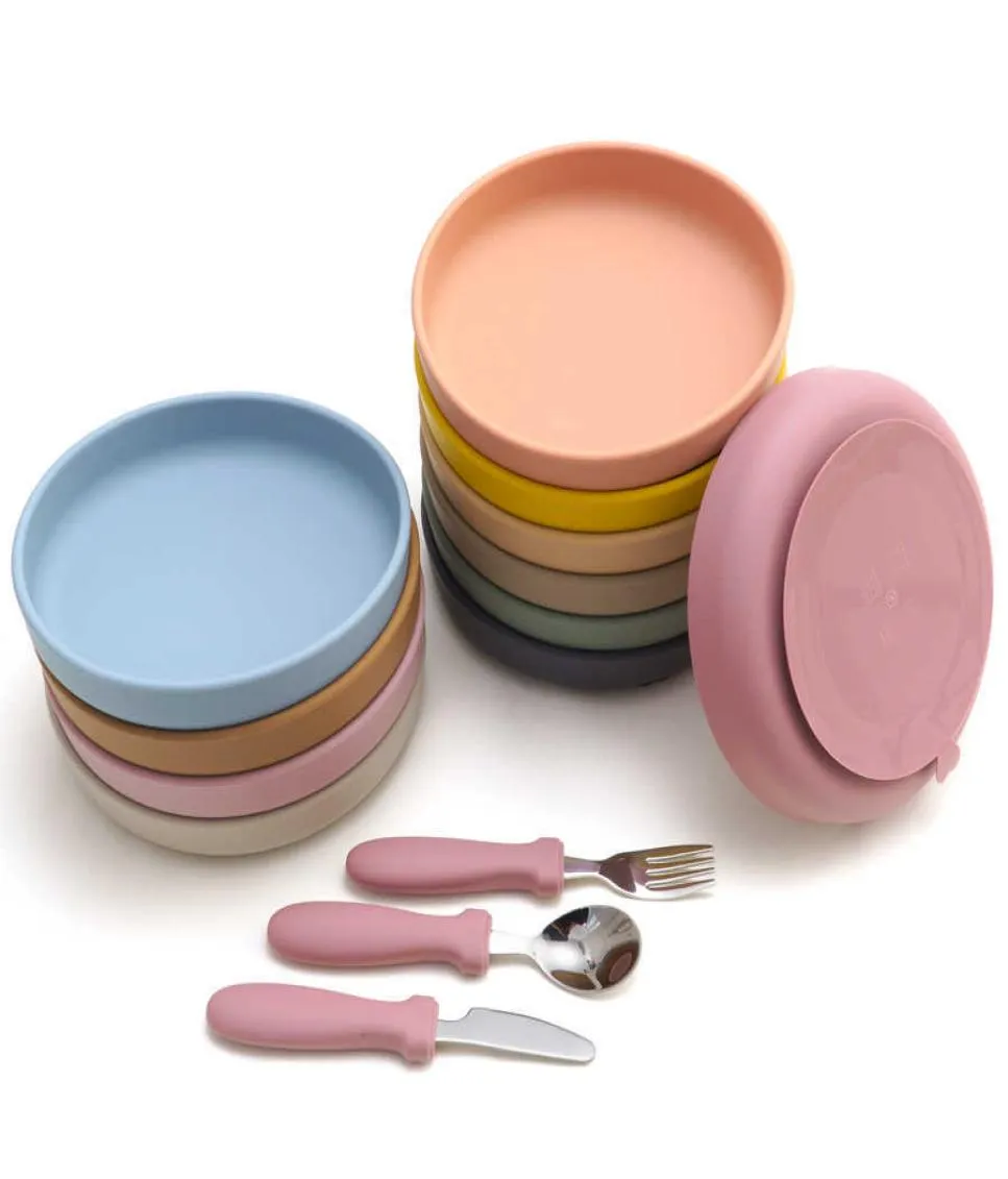 Cups Dishes Utensils 4PCS Set Baby Silicone Dishes Dining Plate With Sucker Bowl Stainless Steel Knife Fork Spoon BPA Childre3031746