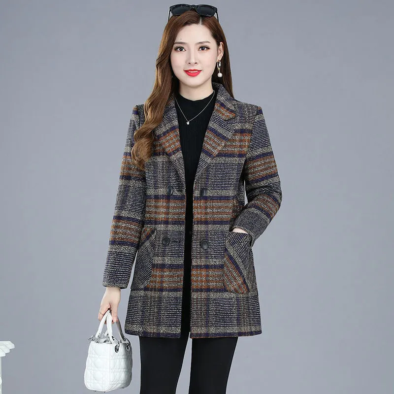 Damen Wollmischungen Mutterkleidung Anzug Plaid Wolljacke Herbst Winter verdicken schlanke langärmelige Oberbekleidung Plus Größe 5XL All-Match-Mantel 221123