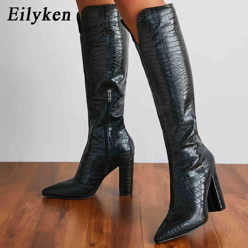 Laarzen dames hoge hak serpentine laarzen ontwerper chunky hiel schoenen lange laarzen de knie bota's mujer bruin zwart 220913