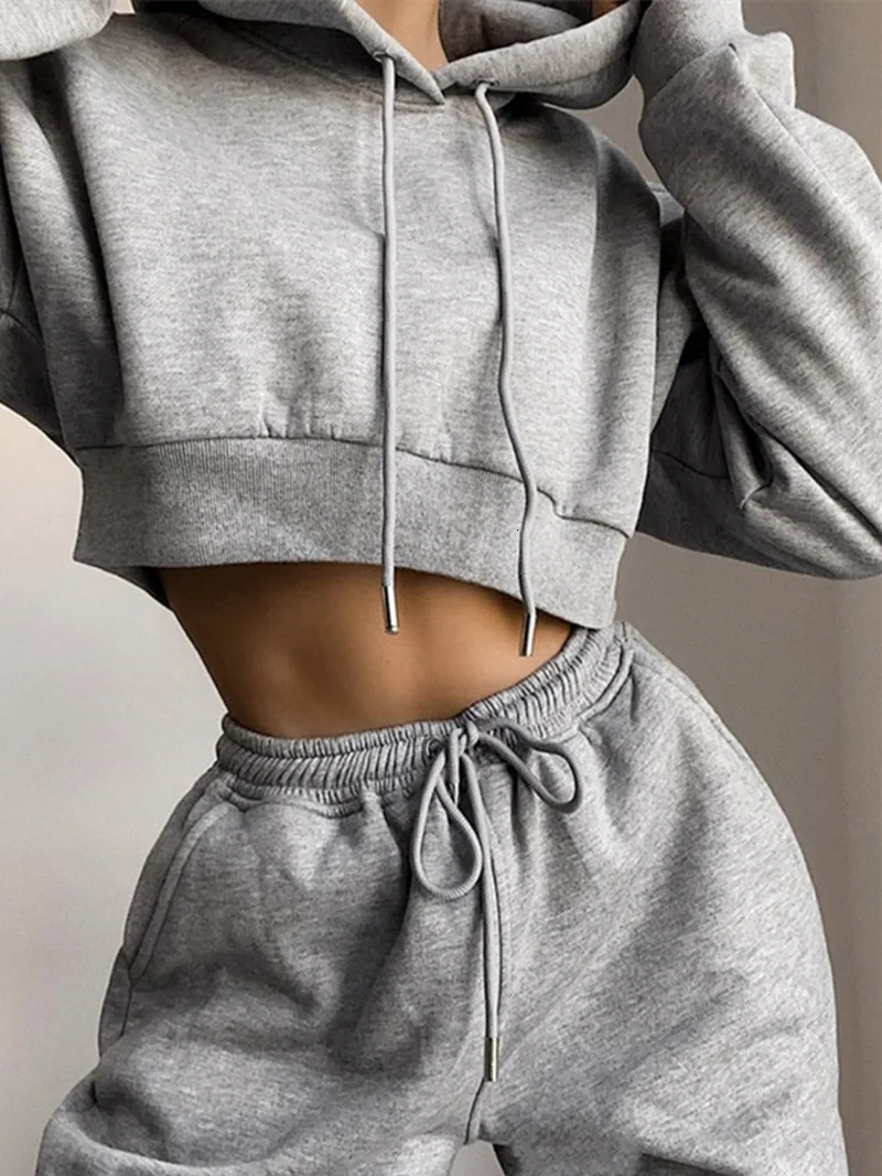 Women s Two Piece Pants Tracksuit Women Set Autumn Clothes Solid Hooded Fleece Sweatshirt Crop Top and Sets Casual 2 s Suit Outfits 221123