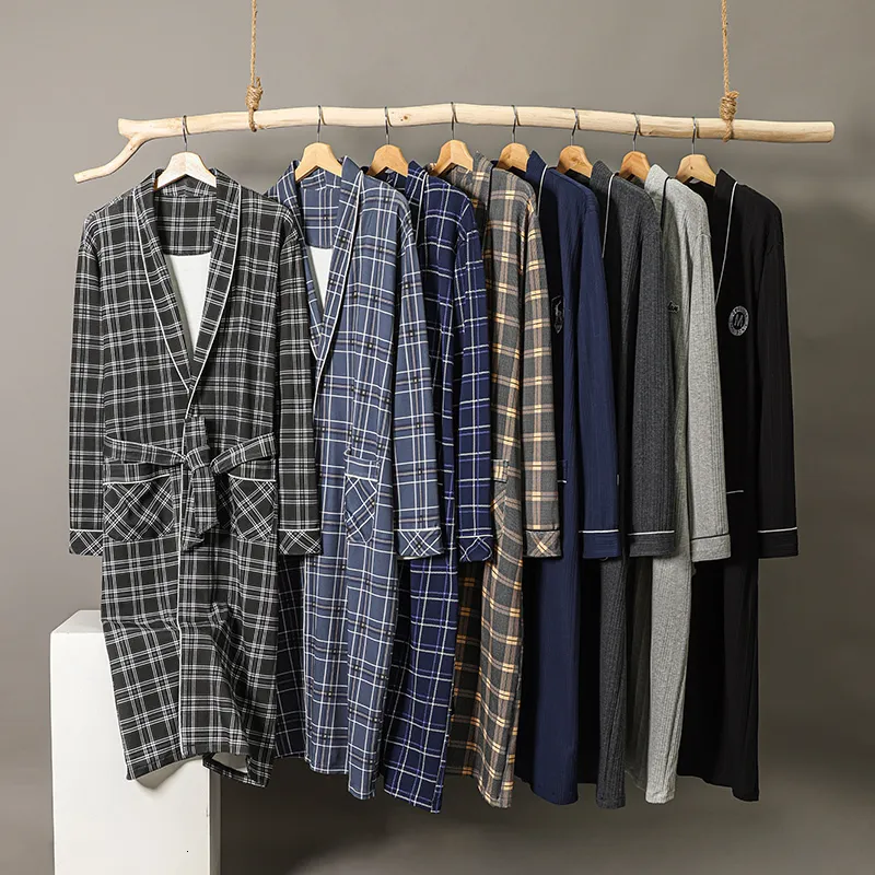 Heren slaapkleding voorjaar herfst plaid badjrobe mannen slapen top kimono gewaden voor mannelijke vol puur katoen lang badbruid bruid kleedjurk m-4xl 221122