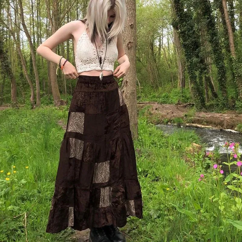 Boho Retro Patchwork Skirts Vintage Brown Long Printed Grunge Perfect For Holiday And Streetwear 2022 From Huanghaonice 17.24 DHgate.Com