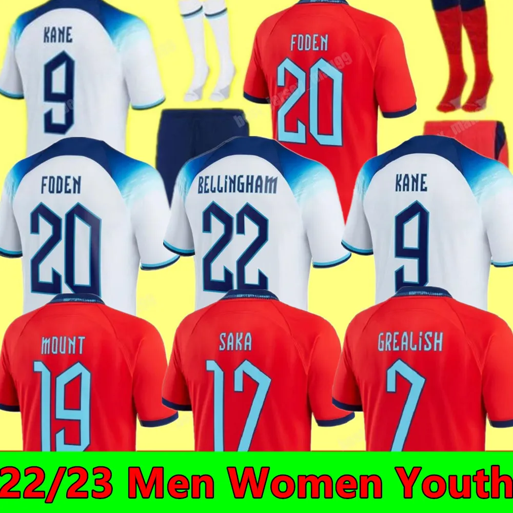 2022 Angleterre Kane Foden Soccer Jerseys Sterling Grealish Rashford Mount Bellingham Englands Sancho 22 23 National Football Shirt Women Kid Kit Uniform