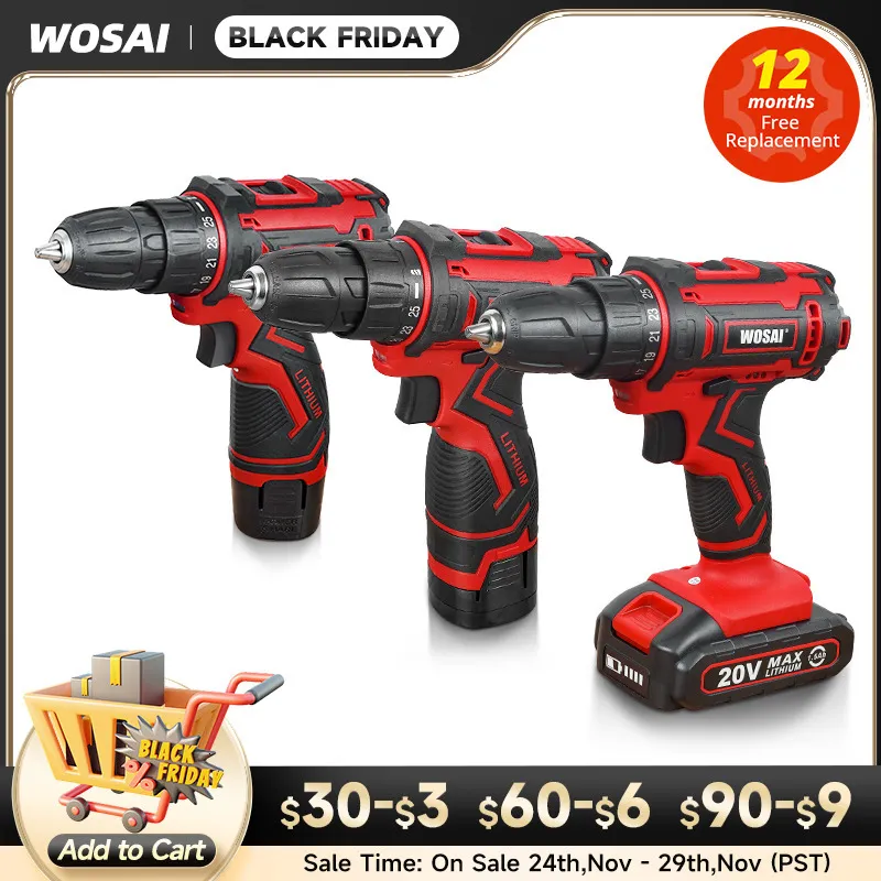 Electric Drill Wosai 12V 16V 20V trådlös skruvmejsel Mini Trådlös kraftdrivare DC litiumjonbatteri 3/8-tums 221122