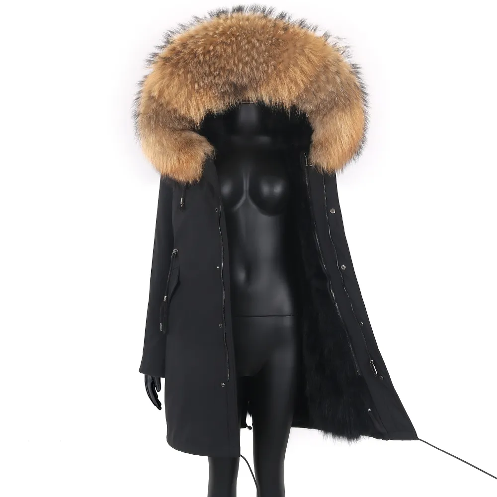 Manteau d'hiver en fausse fourrure pour femme, épais et chaud, doublure réelle, Parka longue imperméable, grand col de raton laveur naturel, capuche, 221123