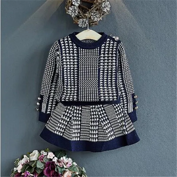 Moda Knited Set Sweater Girls 'Houndstooth Saias curtas Terno de duas pe￧as 2022 Autumn Inverno Novo estilo malha