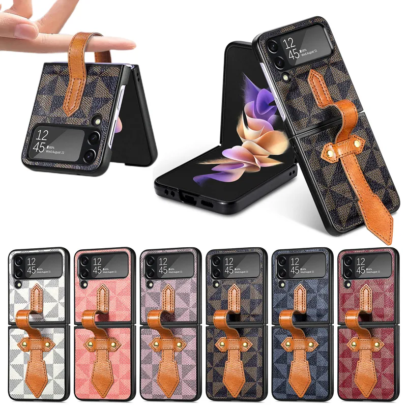 Business Rhombus PU Leather Wrist Strap Cases Stand Holder Shockproof Anti-Scratch Full Body Protective For Samsung Galaxy Z Flip 3 4 5G Flip3 Flip4