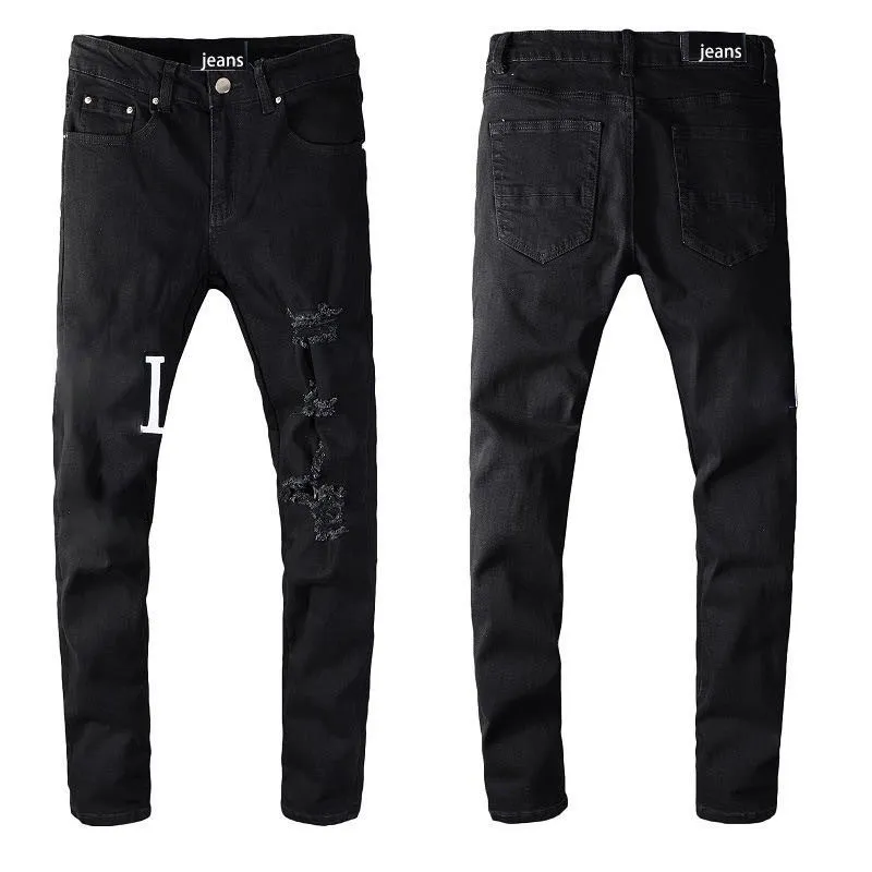 Heren stack jeans Europese grijze jean heren borduurwerk letter gescheurd voor trendmerk vintage broek casual streetwear stylist zwarte jeans met katoenmix