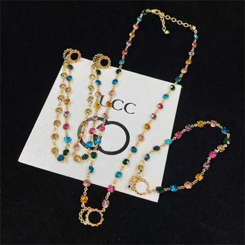 10% OFF 2023 Jewelry Double Colored Stone Set Necklace Bracelet Earrings Brass Fashion Versatile Chain