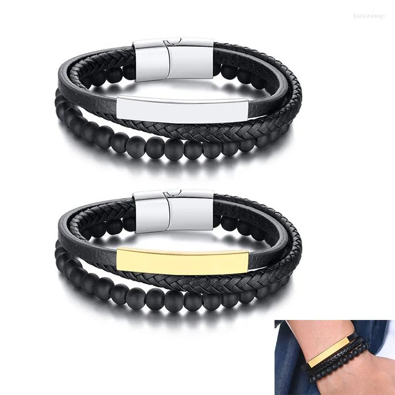 Pulseira masculina de aço inoxidável fashion pulseira de contas de couro preta masculina joias para presente de dia dos namorados