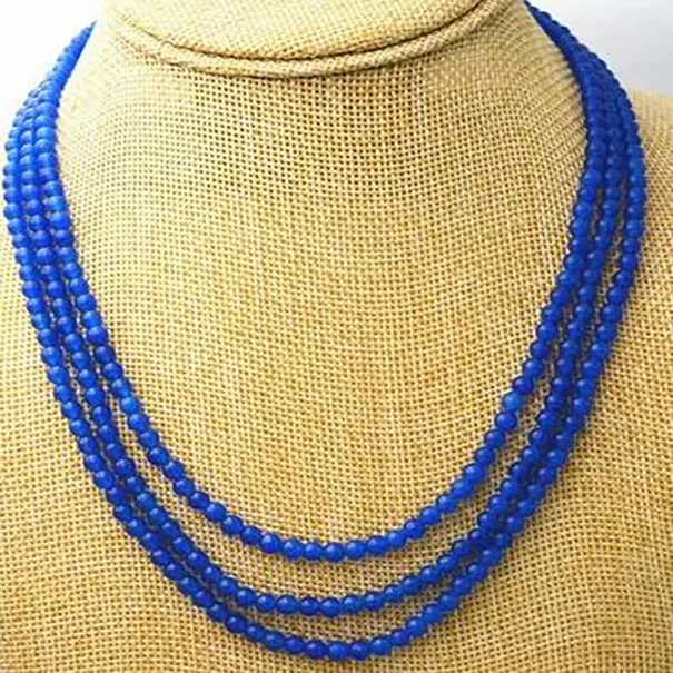 Charmant nouvelle mode 3 rangées 4 mm Collier de perle en saphir bleu 17-19 "