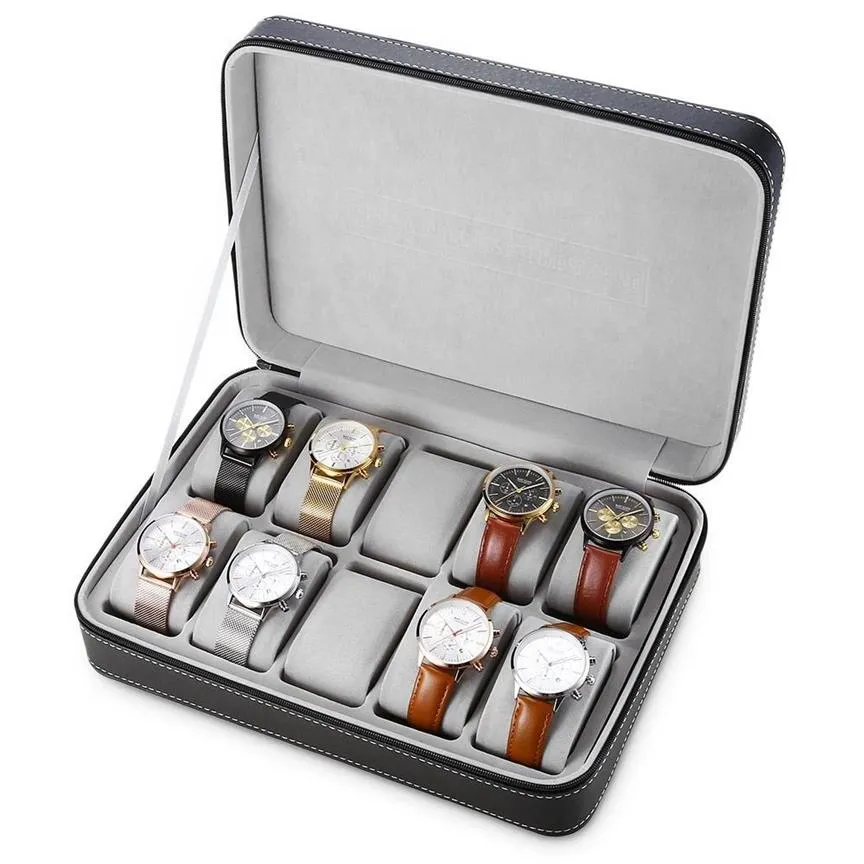 Uhrenboxen anzeigen 10 Gitter PU Leder Travel Watch Storage Case Reißverschluss Armbandwatch Box Organizer Halter für Clock343y