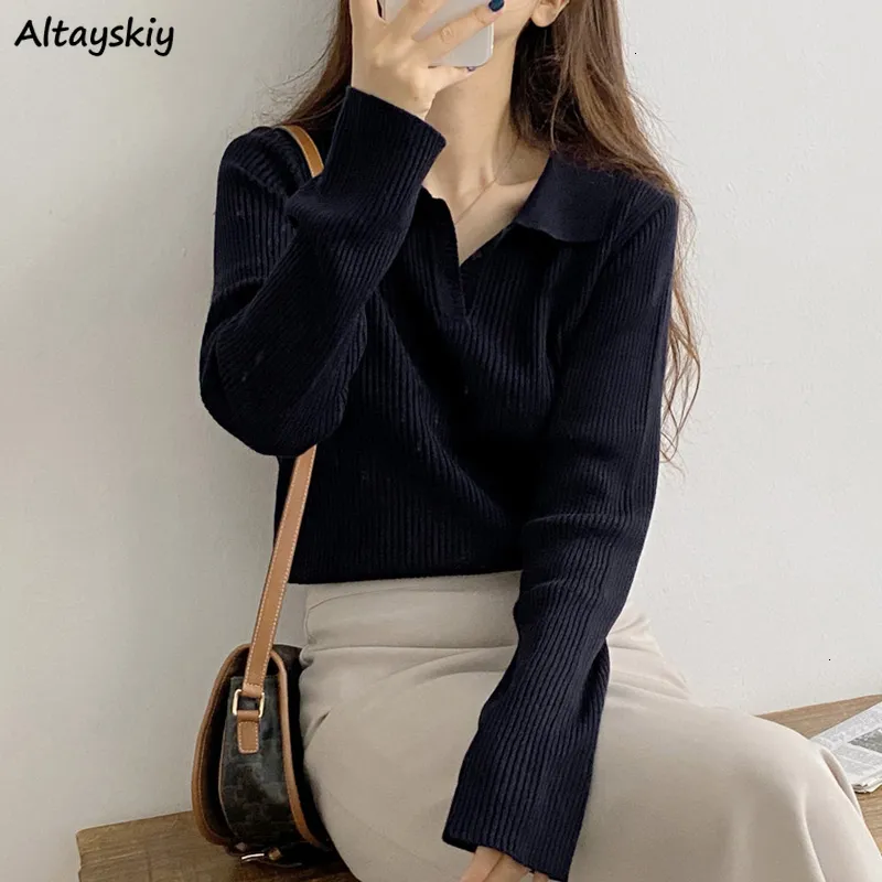 Women's Sweaters Vintage Women Minimalist Stretch Office Lady Clothing Simple Pure Long Sleeve Stylish Ins Female Pullover Chic Knitwear 221123