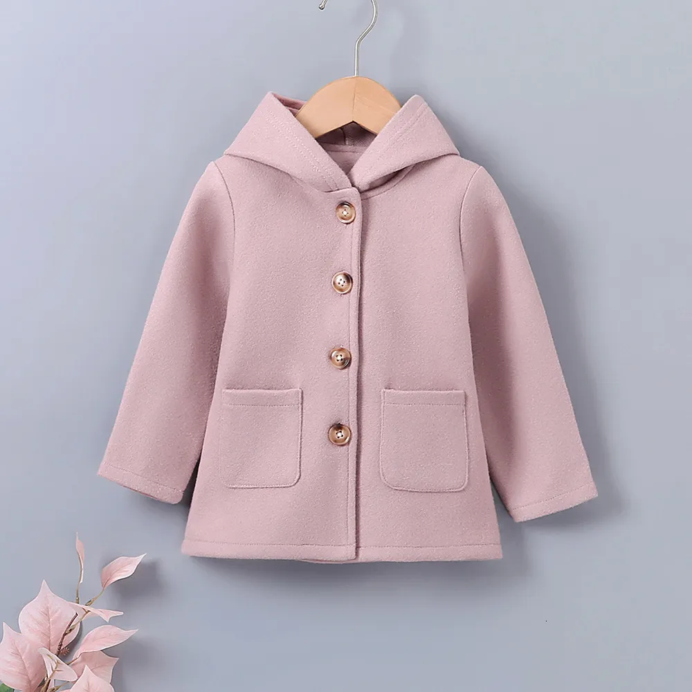 Manteau Filles Avant Boutons Poches Épaissir À Capuche Automne Hiver Bébé Enfants À Manches Longues Casual Solide Rose Outwear Laine s 221122