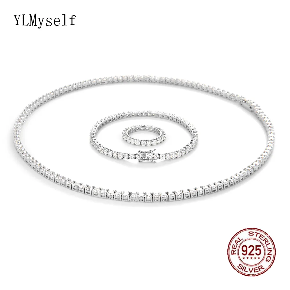 Pendanthalsband Solid 925 Sterling Silver Tennis Necklace4155cm 1622 tum armband1521cm Ringuppsättning med glänsande 3mm zirkonsmycken Set 221119